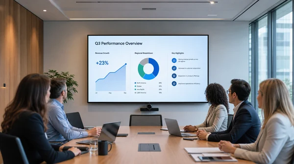 Modern boardroom with a large conference room display for meeting presentations