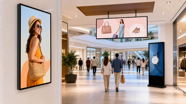 Shopping mall with wall-mounted and vertical digital signage displays