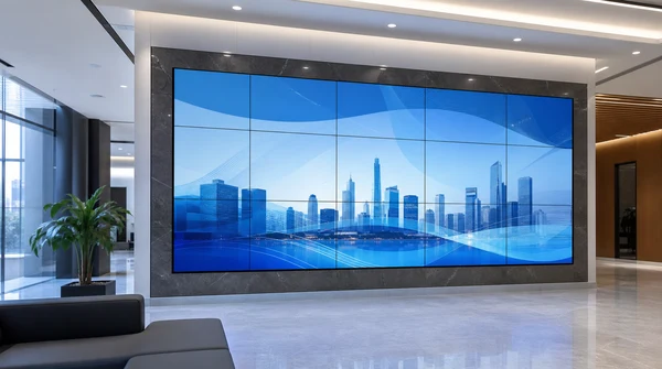 Large LCD video wall panels installed in a modern commercial lobby