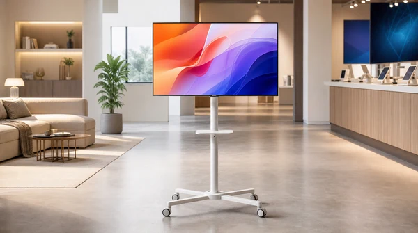 Portable smart TV with rolling stand in a modern flexible living and showroom space