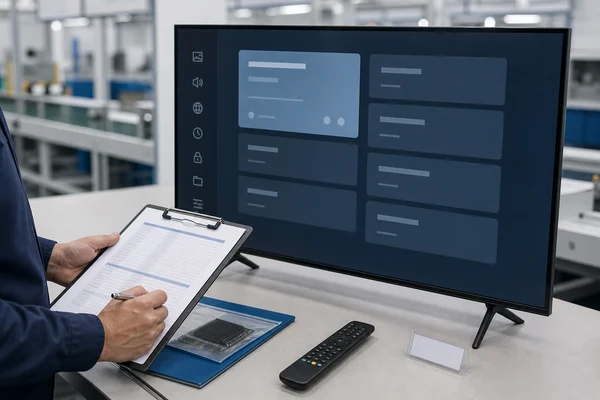 How Long Does OEM Smart TV Production Take? Sample, Mass Production and Shipping Lead Times 3 Buyer and factory engineer reviewing an OEM Smart TV golden sample, firmware and artwork